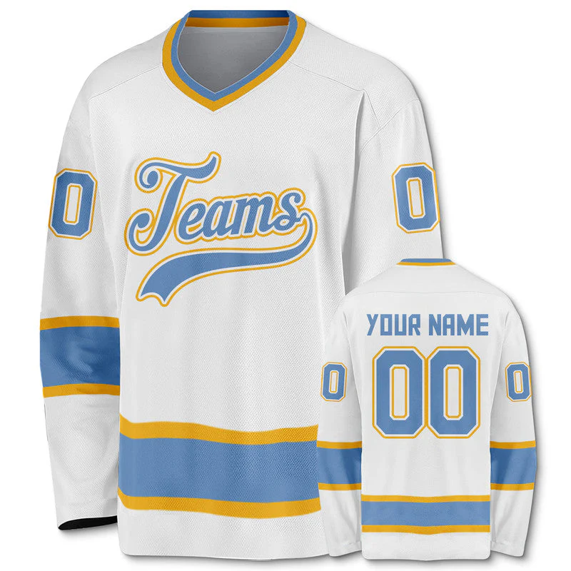 Custom White Light Blue-Gold Authentic Hockey Jersey