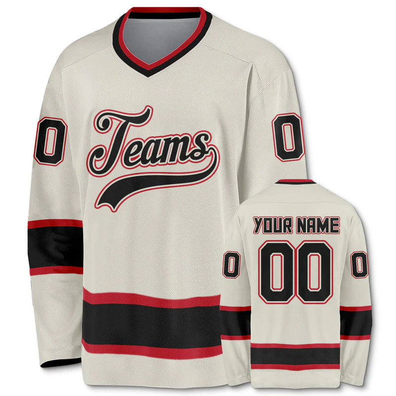 Custom Cream Black-Red Authentic Hockey Jersey